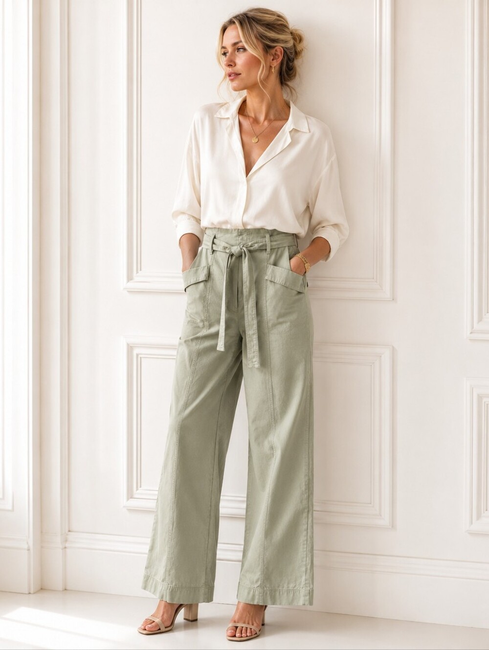 A New Day Sage Green Paperbag Wide Leg Pants | Size 12 | Belted Utility